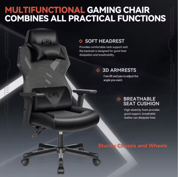 Gaming Chair, Adjustable Backrest, Lumbar Support, Breathable Mesh Fabric - Metal Frame - Image 3