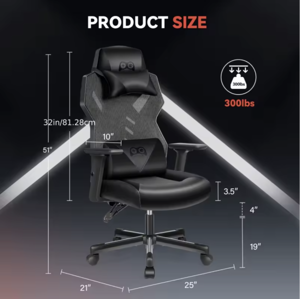 Gaming Chair, Adjustable Backrest, Lumbar Support, Breathable Mesh Fabric - Metal Frame - Image 5