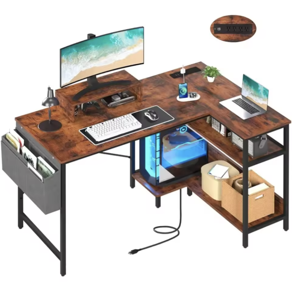 Desk with Built-in USB Ports – 47" L-Shaped Computer Desk with Outlets & Monitor Stand