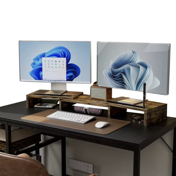 Dual Monitor Desk with Cable Management – Adjustable Stand & Desktop Organiser