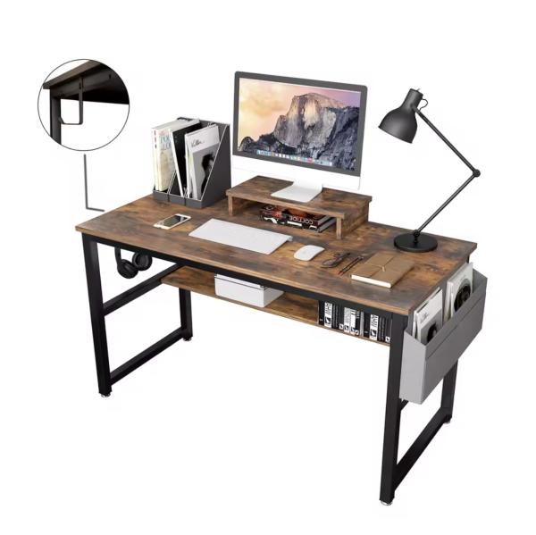 Computer Desk, Industrial Writing Desk with Storage Bag, 47in Computer PC Laptop Table with Bookshelf and Wood Monitor Stand - Image 2