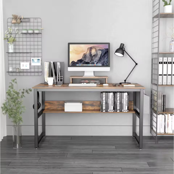 Computer Desk, Industrial Writing Desk with Storage Bag, 47in Computer PC Laptop Table with Bookshelf and Wood Monitor Stand - Image 4