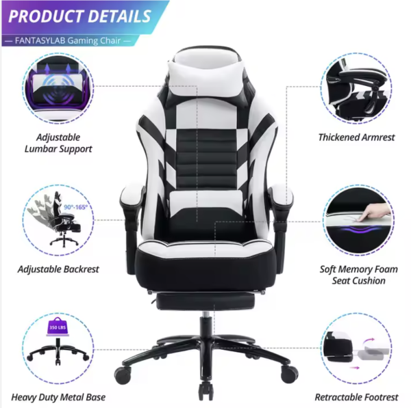 Memory Foam with Footrest 400lb Massage Cushion Gaming Chair - Image 4