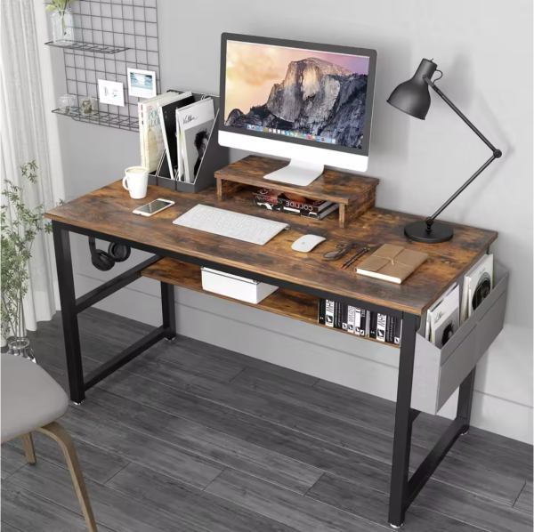 Computer Desk, Industrial Writing Desk with Storage Bag, 47in Computer PC Laptop Table with Bookshelf and Wood Monitor Stand - Image 6