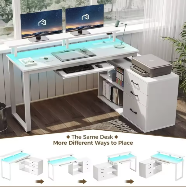 White Modern Office Desk – Computer Desk with Drawers & Spacious Workspace - Image 5