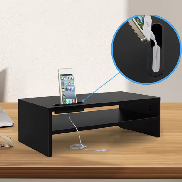 Wooden Monitor Riser – 2-Tier Stand with Phone Holder & Cable Management - Image 2